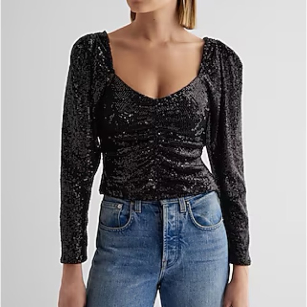 Express size large Sequin Sweetheart Neckline Puff Sleeve Ruched Front Top